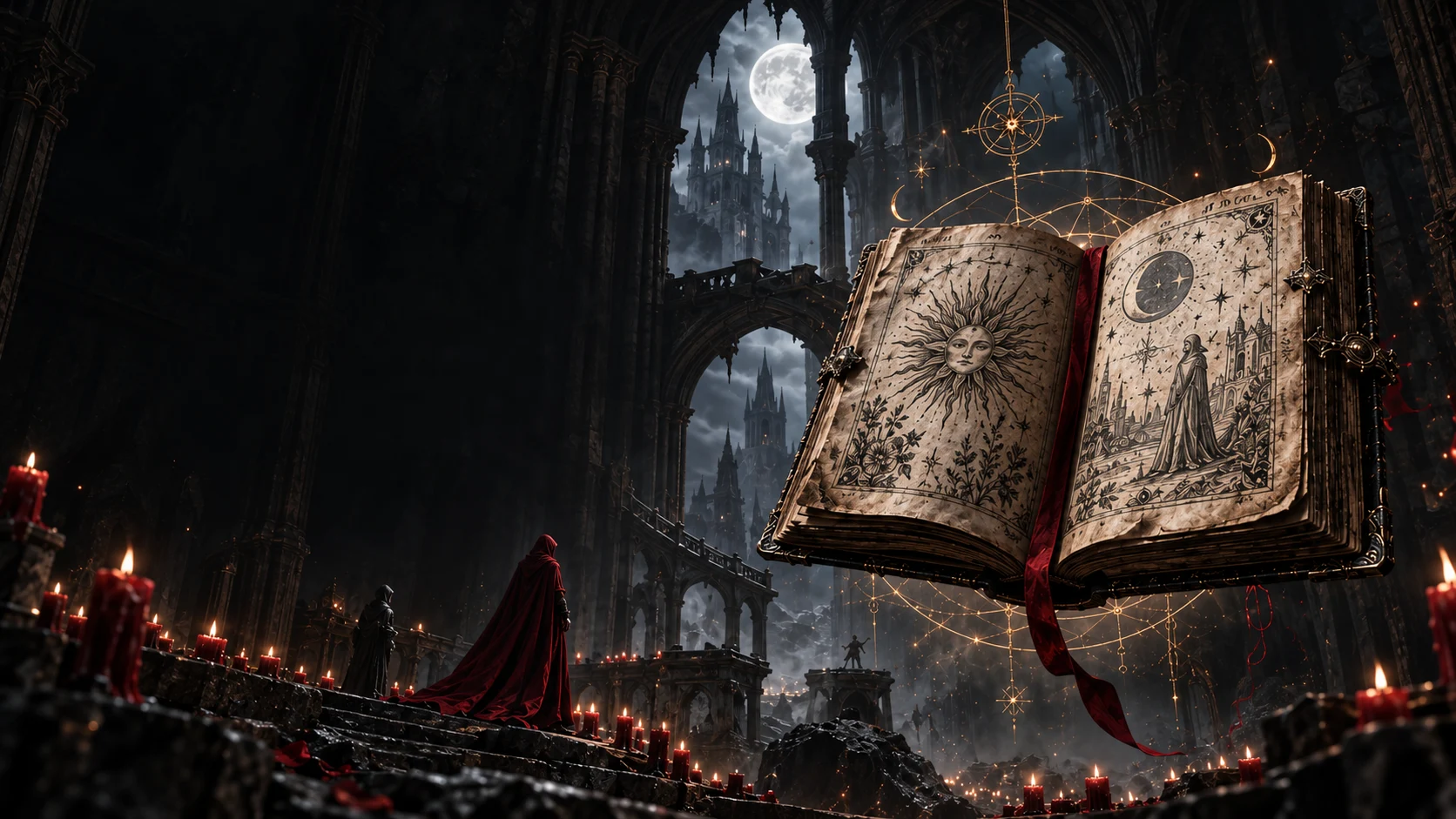 Раскрытая магическая книга в готическом соборе при свете свечей